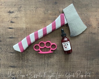 Fight Like a Girl Cosplay Kit- Includes Soft Foam Pink Knuckles, Foam Small Candy Axe, and US Props & Effects Prop Blood