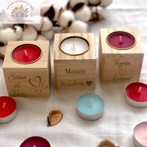 Candle holder with personalized candle engraved on wood - Wedding, Baptism