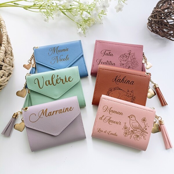 Porte monnaie ou porte feuille en cuir personnalisé - Cadeau anniversaire, fête des mères, grands-mères, pères, grands-pères, maitresse