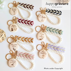 Porte clés lanière et perle avec médaillon personnalisé - Cadeau anniversaire, fête des mères, grands-mères, pères, grands-pères, maitresse