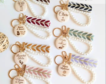 Porte clés lanière et perle avec médaillon personnalisé - Cadeau anniversaire, fête des mères, grands-mères, pères, grands-pères, maitresse