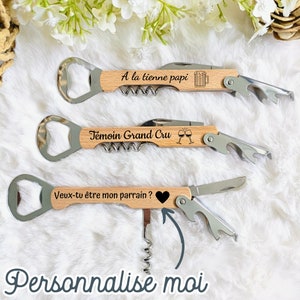 Ouvre bouteille personnalisé en bois Mariage, Baptême, Témoin, Papa, papi, parrain image 1