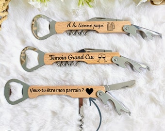 Ouvre bouteille personnalisé en bois - Mariage, Baptême, Témoin, Papa, papi, parrain