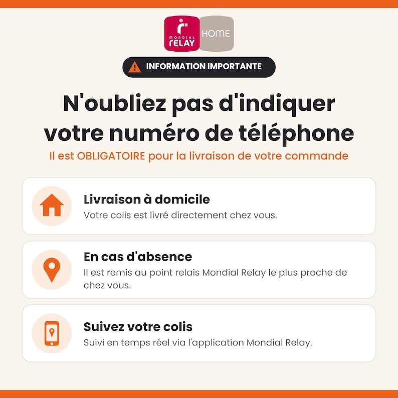 Puede incluir: Un gr&aacute;fico informativo con fondo crema que incluye el logotipo de Mondial Relay. Muestra el texto 'N'oubliez pas d'indiquer votre num&eacute;ro de t&eacute;l&eacute;phone' y 'INFORMATION IMPORTANTE' junto a tres iconos que representan la entrega a domicilio, puntos de recogida y seguimiento.