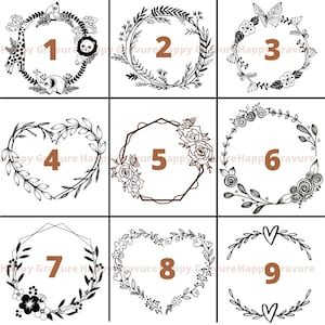 Puede incluir: Una cuadr&iacute;cula de nueve marcos de arte lineal en blanco y negro numerados del uno al nueve. Los dise&ntilde;os incluyen motivos animales, coronas florales, formas geom&eacute;tricas y bordes en forma de coraz&oacute;n con detalles bot&aacute;nicos intrincados.