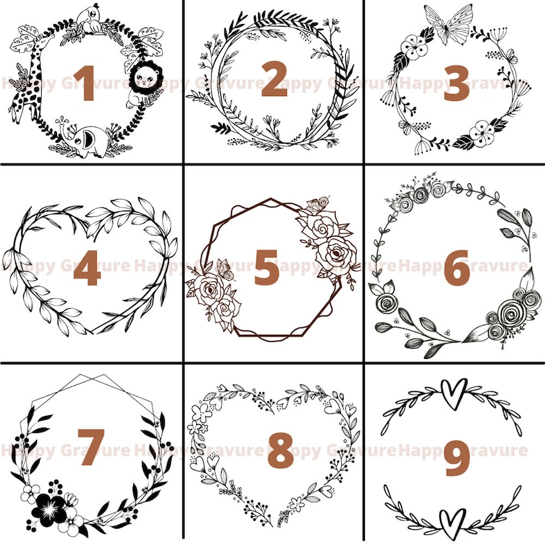 Puede incluir: Una cuadr&iacute;cula de nueve marcos de arte lineal en blanco y negro numerados del uno al nueve. Los dise&ntilde;os incluyen motivos animales, coronas florales, formas geom&eacute;tricas y bordes en forma de coraz&oacute;n con detalles bot&aacute;nicos intrincados.