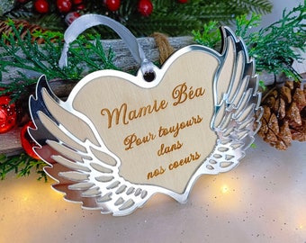 Boule de Noël personnalisée en bois et plexi - Cœur aile d'ange