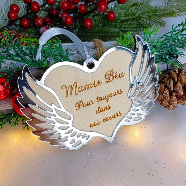 Boule de Noël personnalisée en bois et plexi - Cœur aile d'ange