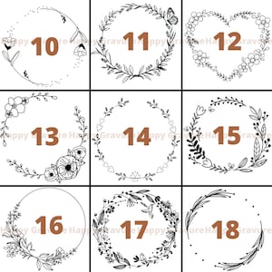 Puede incluir: Una cuadr&iacute;cula de nueve coronas florales en arte lineal blanco y negro, cada una etiquetada con un n&uacute;mero marr&oacute;n del 10 al 18. Los dise&ntilde;os presentan varios elementos bot&aacute;nicos que incluyen hojas, flores, corazones, una mariposa y un p&aacute;jaro.