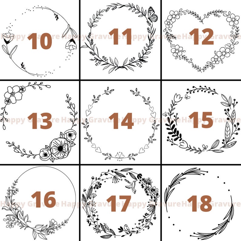 Puede incluir: Una cuadr&iacute;cula de nueve coronas florales en arte lineal blanco y negro, cada una etiquetada con un n&uacute;mero marr&oacute;n del 10 al 18. Los dise&ntilde;os presentan varios elementos bot&aacute;nicos que incluyen hojas, flores, corazones, una mariposa y un p&aacute;jaro.