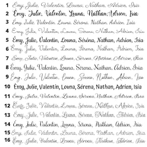 Puede incluir: Una tabla de texto negro que muestra diecis&eacute;is estilos de fuente distintos numerados del uno al diecis&eacute;is. Cada l&iacute;nea presenta la misma lista de nombres: &Eacute;my, Julie, Valentin, Louna, S&eacute;rena, Nathan, Adrien e Isia, mostrando varios dise&ntilde;os.