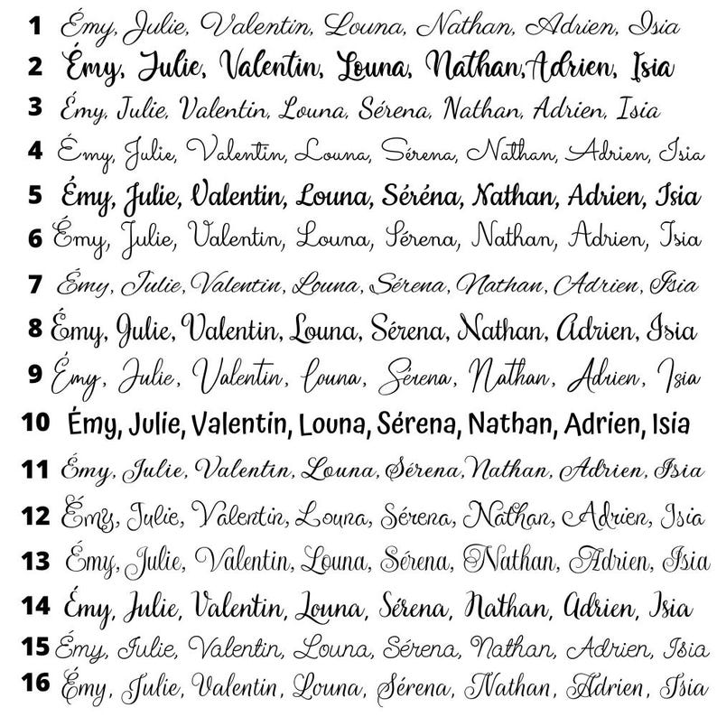 Puede incluir: Una tabla de texto negro que muestra diecis&eacute;is estilos de fuente distintos numerados del uno al diecis&eacute;is. Cada l&iacute;nea presenta la misma lista de nombres: &Eacute;my, Julie, Valentin, Louna, S&eacute;rena, Nathan, Adrien e Isia, mostrando varios dise&ntilde;os.
