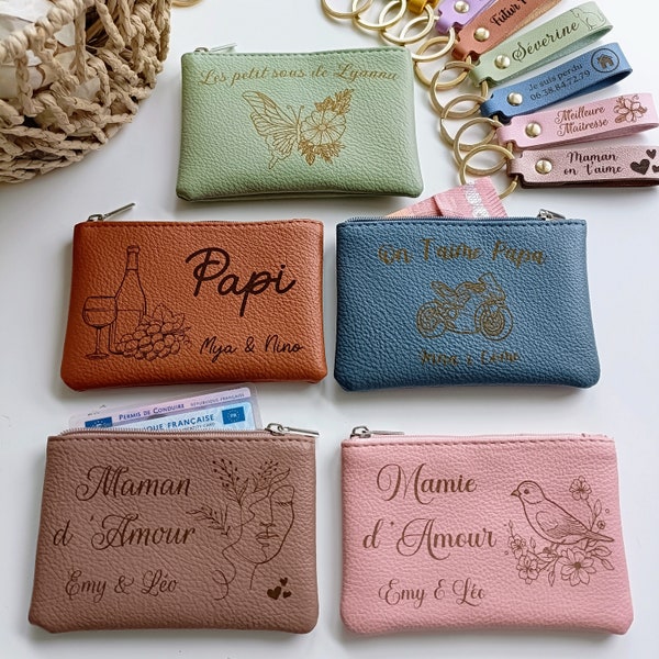 Porte monnaie en cuir personnalisé - Cadeau anniversaire, fête des mères, grands-mères, pères, grands-pères, maitresse, atsem