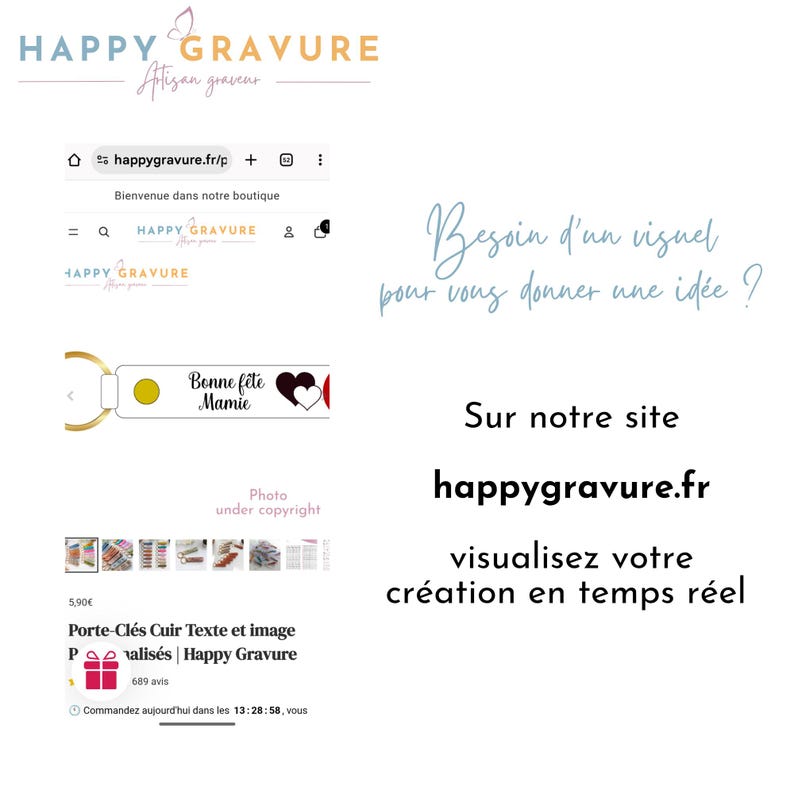 May include: A digital screenshot of the Happy Gravure website featuring a personalized leather keychain with the text Bonne f&ecirc;te Mamie and heart icons. The interface includes the URL happygravure.fr and text prompting users to visualize their creation.