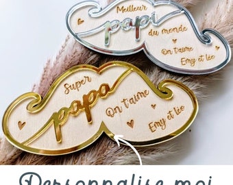 Magnet moustache personnalisé en bois - Super Papa - Meilleur Parrain - Cadeau Fête des pères / Grands-pères - Tonton - Maitre