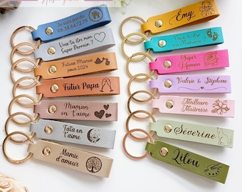 Porte clés en cuir personnalisé - Cadeau anniversaire, fête des mères, grands-mères, pères, grands-pères, maitresse, atsem