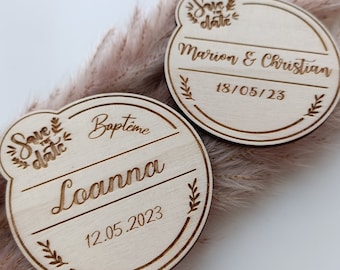 Magnet Annonce Baptême ou Mariage "Save the Date" personnalisé en bois – M2