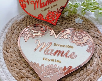 Grand magnet aimanté / pancarte Coeur Arabesque personnalisé en bois et plexi - fête des mères / grands-mères, cadeau maman, mamie marraine