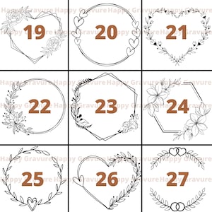Puede incluir: Una cuadr&iacute;cula de nueve marcos de arte lineal en blanco y negro, cada uno con un n&uacute;mero marr&oacute;n del 19 al 27. Los dise&ntilde;os incluyen formas geom&eacute;tricas, contornos de coraz&oacute;n y coronas florales con hojas, flores e iconos circulares.
