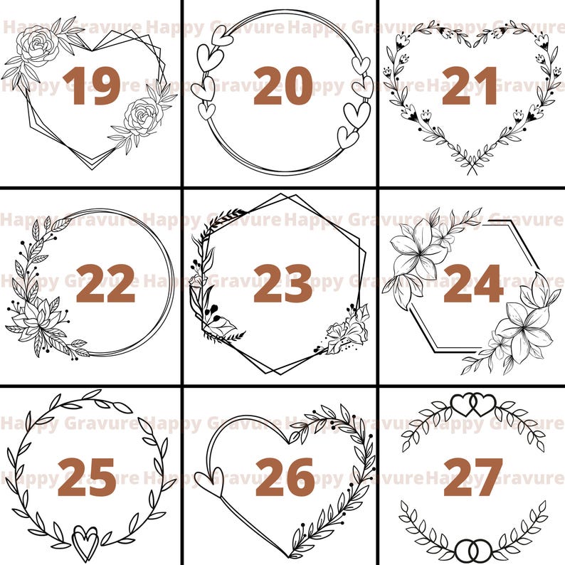 Puede incluir: Una cuadr&iacute;cula de nueve marcos de arte lineal en blanco y negro, cada uno con un n&uacute;mero marr&oacute;n del 19 al 27. Los dise&ntilde;os incluyen formas geom&eacute;tricas, contornos de coraz&oacute;n y coronas florales con hojas, flores e iconos circulares.