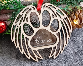 Boule de Noël personnalisée en bois Patte d'animaux ailes d'ange - Chien, Chat