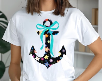 Camiseta con ancla floral: estilo playero costero, suave camiseta de algodón