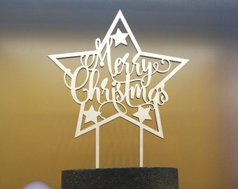 Caketopper Cake Topper Tortendekoration Stern mit Schriftzug Merry Christmas aus Holz Natur