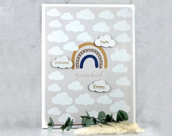 Gästebuch Taufe Regenbogen auf Leinwand optional mit personalisierten Holzwolken in weiß