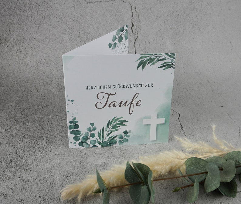 Taufkarte 'Alles Liebe Zur Taufe' Mit Eukalyptus-Motiv & Goldkreuz – Stilvolle Glückwunschkarte In DIN A6 Mit Umschlag