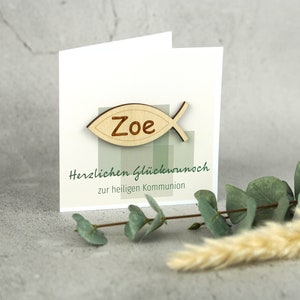 Kommunionskarte - Karte zur Kommunion Fisch optional mit personalisiertem Holzfisch inkl. Umschlag