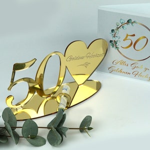 Geldgeschenk zur Goldenen Hochzeit 50 in Spiegelacryl Gold mit passender Karte