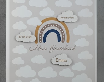 Gästebuch Kommunion Regenbogen auf Leinwand optional mit personalisierten Holzwolken in weiß