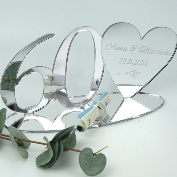 Personalisiertes Geldgeschenk zur Diamantenen Hochzeit in Spiegelacryl Silber