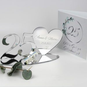 Personalized money gift for silver wedding anniversary in mirror acrylic silver with matching card