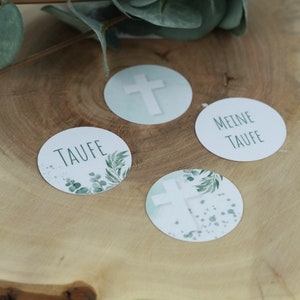 24x table confetti for baptism in eucalyptus design