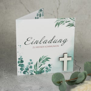 Einladungskarte Kommunion Eukalyptus mit 3D Holzkreuz in weiß