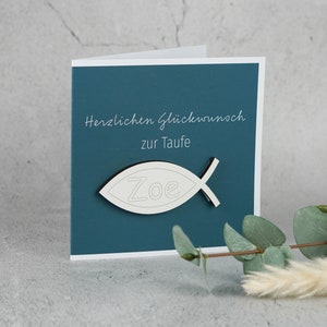 Taufkarte - Karte zur Taufe Fisch optional mit personalisiertem Holzfisch in weiß