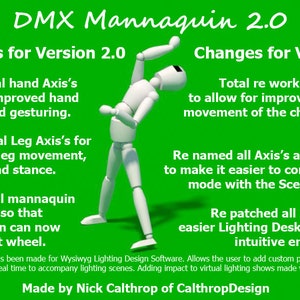 以下が含まれることがあります： 可動関節を持つマネキンの白い3Dモデルで、DMX Mannaquin 2.0の新しい機能を示しています。画像には、追加の手と足の軸、および後退動作を改善するための上半身の全面的な見直しなど、新しい機能を説明するテキストが含まれています。