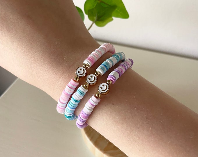 Pastel Gold Smiley Bracelet Trio Heishi Bead Bracelet Matching - Etsy