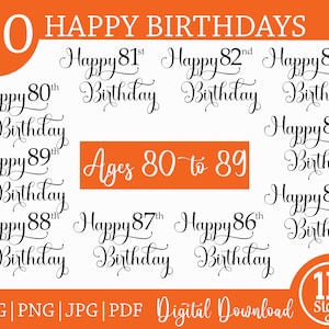 Joyeux anniversaire SVG Bundle Pack SVG PNG en téléchargement numérique Silhouette Cricut, 80 à 89 ans