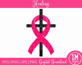 Cancer ruban avec croix SVG PNG rose ruban Svg Silhouette Cricut, Christian Svg, guérison Svg lutte Cancer Svg