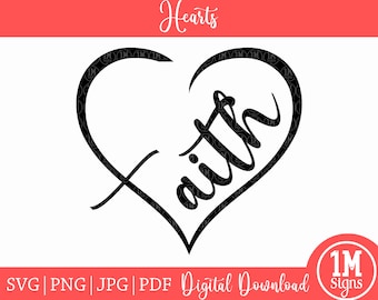 May include: Black and white graphic design of a heart with the word "Faith" written inside. The heart is stylized with a cross at the bottom.