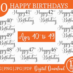 Happy Birthday SVG Bundle Pack SVG PNG Digital Download Silhouette Cricut,Ages 40 to 49
