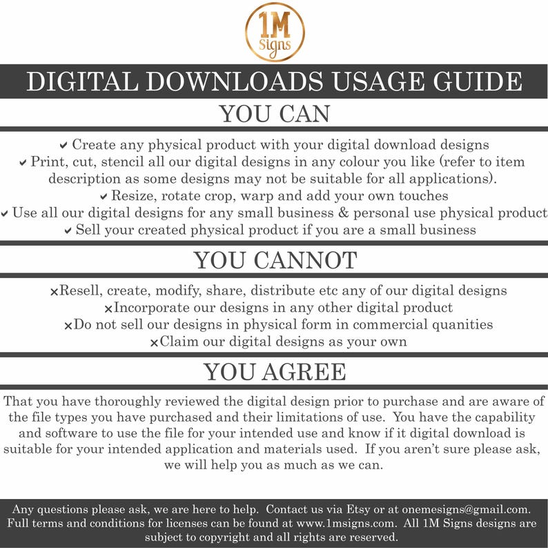May include: A digital download usage guide for commercial and personal use. The guide outlines what is permitted and prohibited when using digital designs. The text includes the phrase "1M Signs".