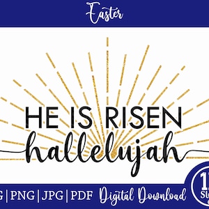 Może przedstawiać: Złoty błyszczący rozbłysk słońca z tekstem "HE IS RISEN hallelujah" w kolorze czarnym. Tekst jest napisany kursywą. Obraz jest do pobrania cyfrowego.