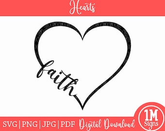 May include: Black and white graphic design of a heart with the word "faith" written inside. The heart is outlined in a thick black line.