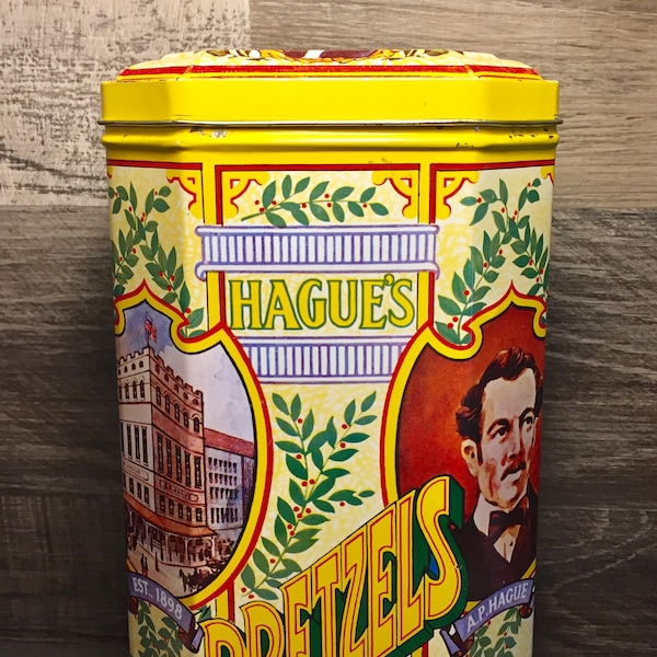 Vintage Hague's Pretzels Tin: Hinged Lid, 1980s. Colorful Kitchen Décor Tin Canister