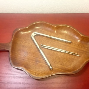 Vintage HMQ Nutcracker with Picks and a Wooden Carved Mahogany Leaf Nut Tray