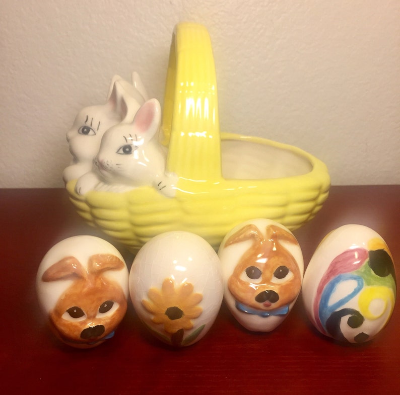 Vintage Ceramic Hand Painted Easter Egg Basket With Bunnies & Ceramic
