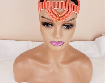 African Coral Beaded Women\'s Crown/Hat Beaded Coral Edo Okuku Headpiece: African Bridal Crown Edo  main image 2